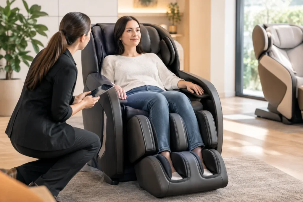 A close, non-branded showroom view of a person seated normally in a massage chair with hips fully back, shoulders relaxed, hands resting naturally, and bot