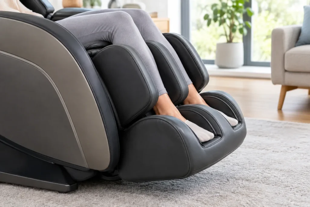 A tight side view of the chair’s leg and foot section showing calves supported, knees in a neutral bend with room to settle, and feet resting naturally in