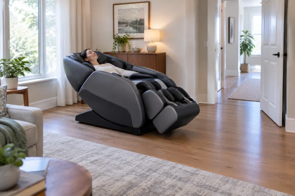 A non-branded massage chair shown fully reclined in a calm home corner, with visible open floor space around it, a clear doorway or walking path nearby, an