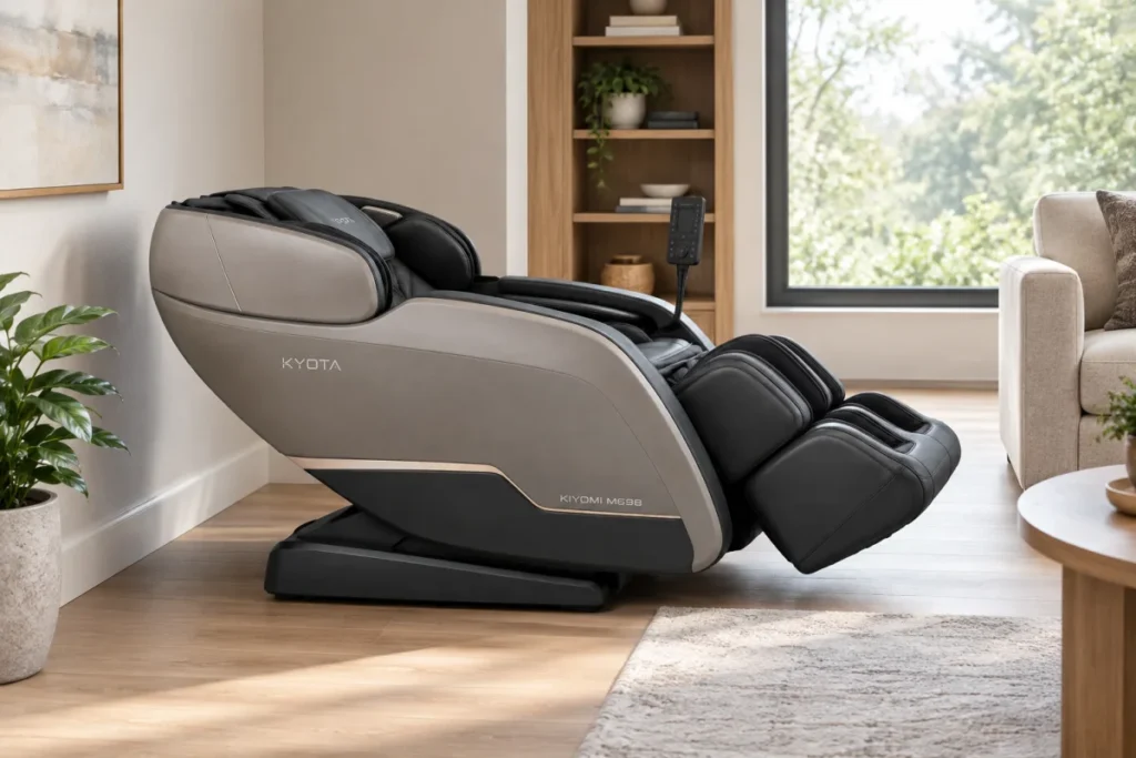 A side-view real-world room setup with a full-size massage chair fully reclined near a wall, leaving visible walking clearance around the footrest and back